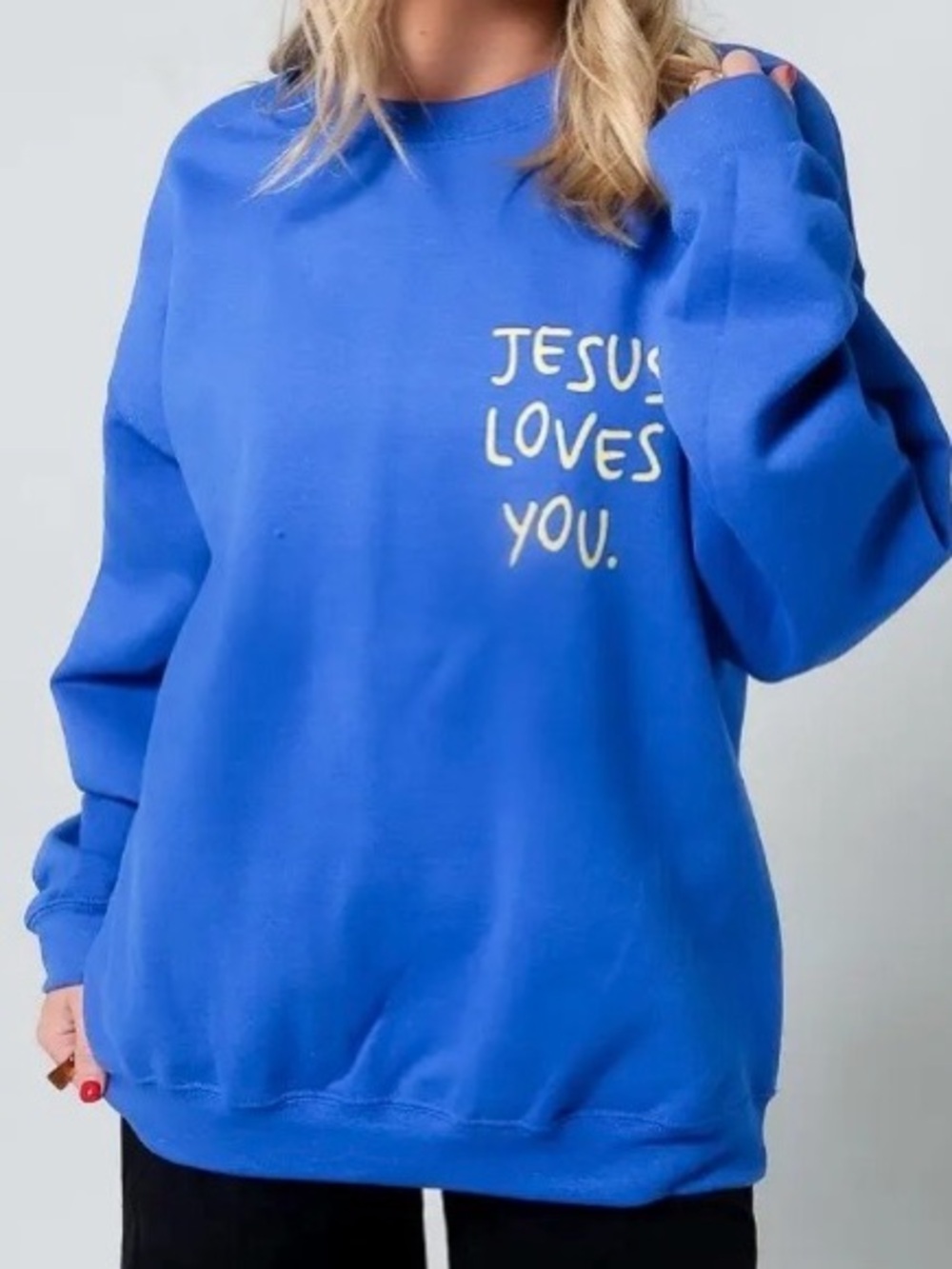 Blue 'Jesus Loves You' Relaxed Crewneck Sweatshirt